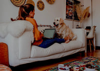 How to share a home office with your dog. How to keep your dog quiet during your wfh meetings. Image description: a woman works on her laptop from her couch with her golden retriever