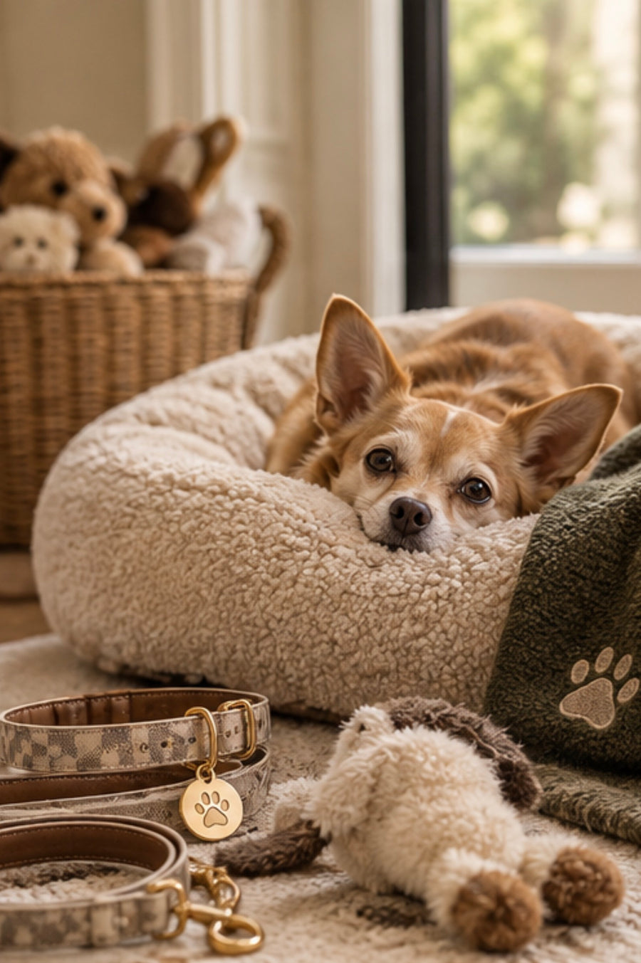 A pampered chihuahua relaxes in his dog bed surround by toys